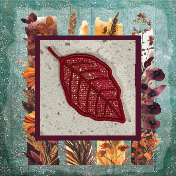 Red lace beach tree leaf with sparkling Mylar applique, autumn machine embroidery design