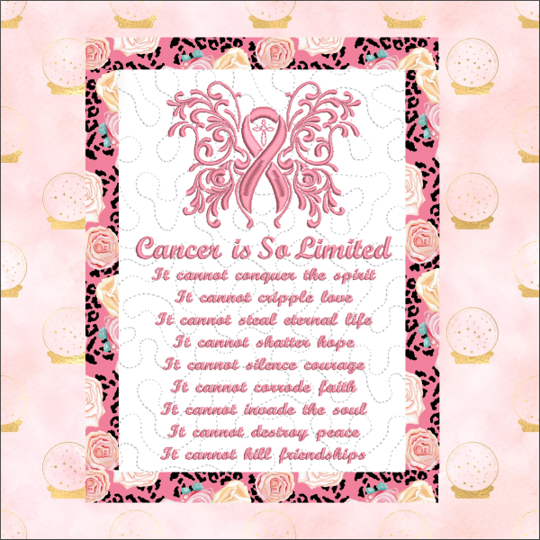 Pink cancer awareness ribbon butterfly in-the-hoop embroidered wall hanging with inspirational affirmations and quilted background