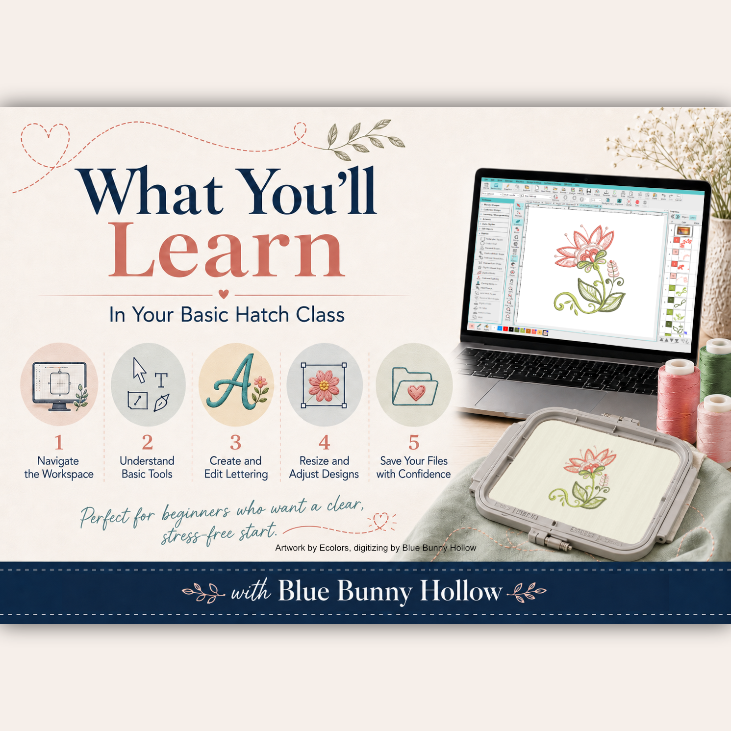 Basic Hatch class, includes workspace navigation, basic tools, lettering, resizing, and saving embroidery files.