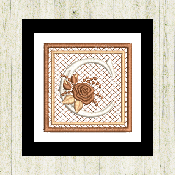 Cream "C", rose-monogram mini quilt machine embroidery design featuring decorative alphabet letters stitched 100% in the hoop for personalized home décor and gift giving.
