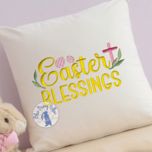 3. Close-up of Easter Blessings embroidery with clean lettering and stitching.