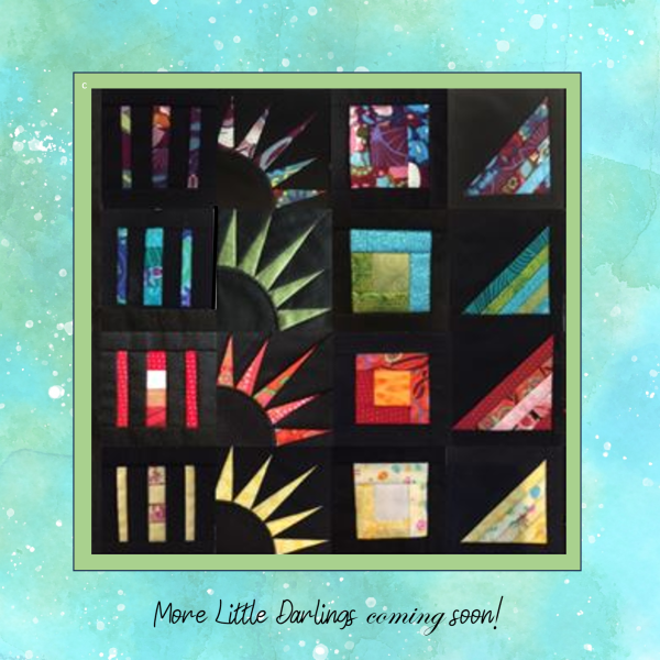 Little Darlings In-the-Hoop quilt blocks made from colorful scrapbuster strips on black fabric-1.