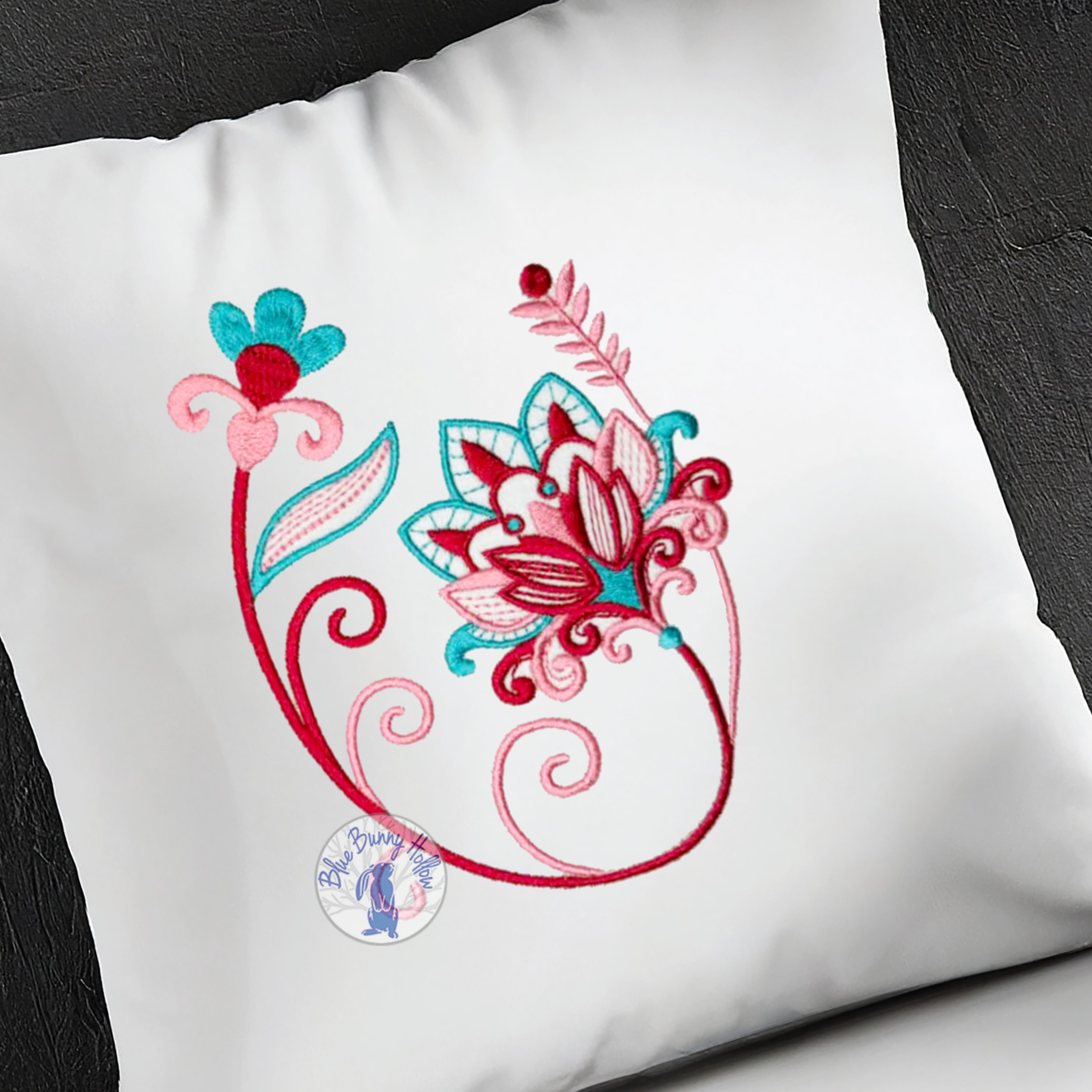 Bold tropical flower machine embroidery design for home décor projects.