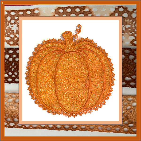 Shimmering orange Mylar pumpkin FSL machine embroidery design stitched in the hoop for fall decorating and seasonal projects.