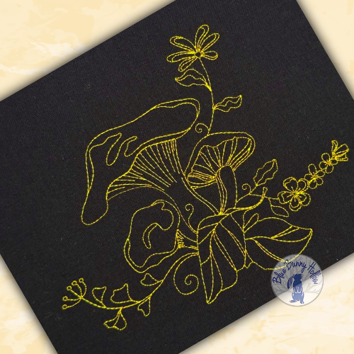 Whimsical pixie mushroom machine embroidery design surrounded by forest plants and foliage.