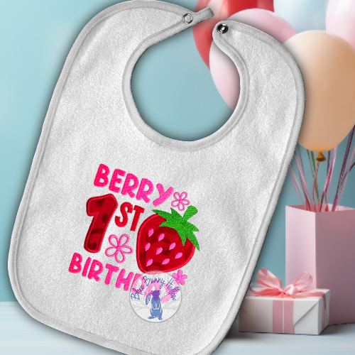 Berry themed 1st birthday applique embroidery design for baby outfit.