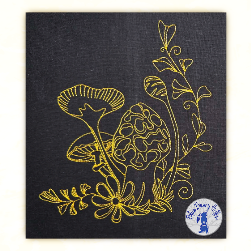Charming Shroom redwork-style mushroom embroidery design with woodland plants and vegetation.