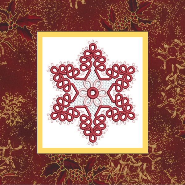 A delicate tatted free-standing lace star snowflake ornament, stitched in white thread and displayed as a Christmas decoration 2 (Copy)