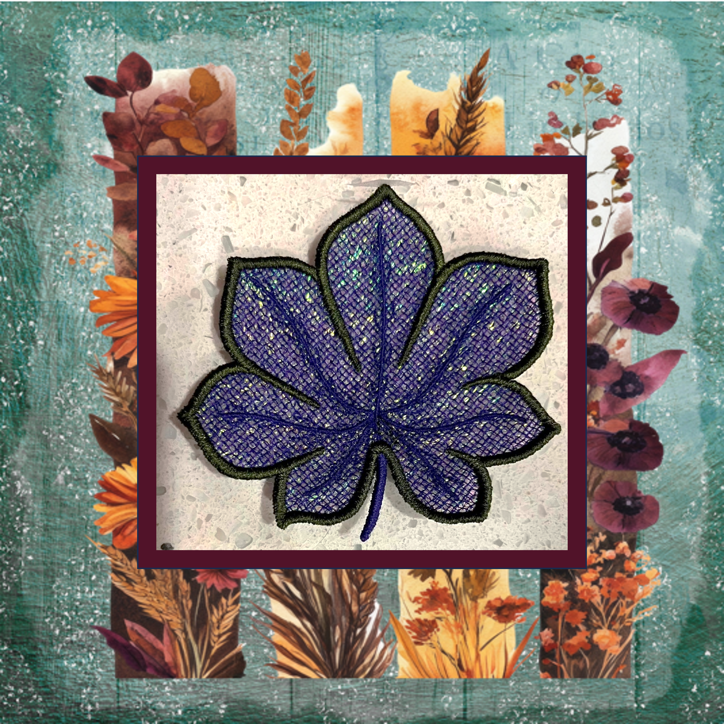 Purple Mylar lace applique Squat Leaf machine embroidery design with sparkling textured veins and dark edging.