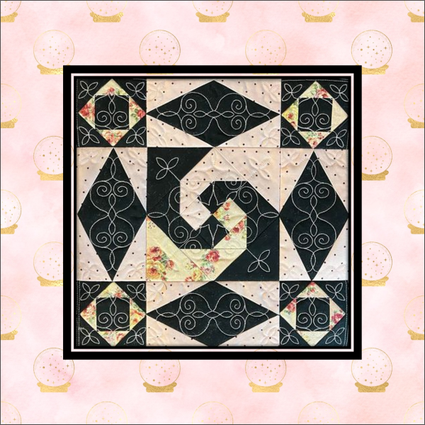 Storm at Sea quilt block with Snail Trail center in black, cream, and floral fabrics, stitched in-the-hoop with precise geometric alignment