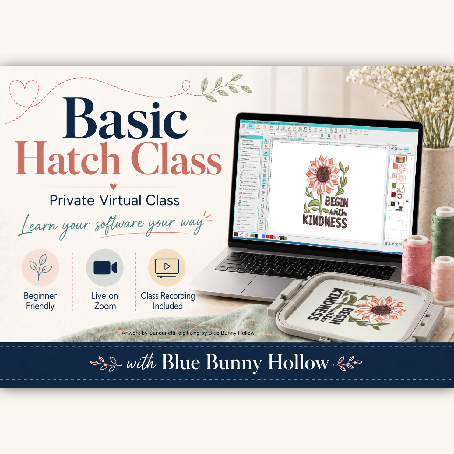 Basic Hatch Embroidery Software private virtual class over Zoom, class recording included.