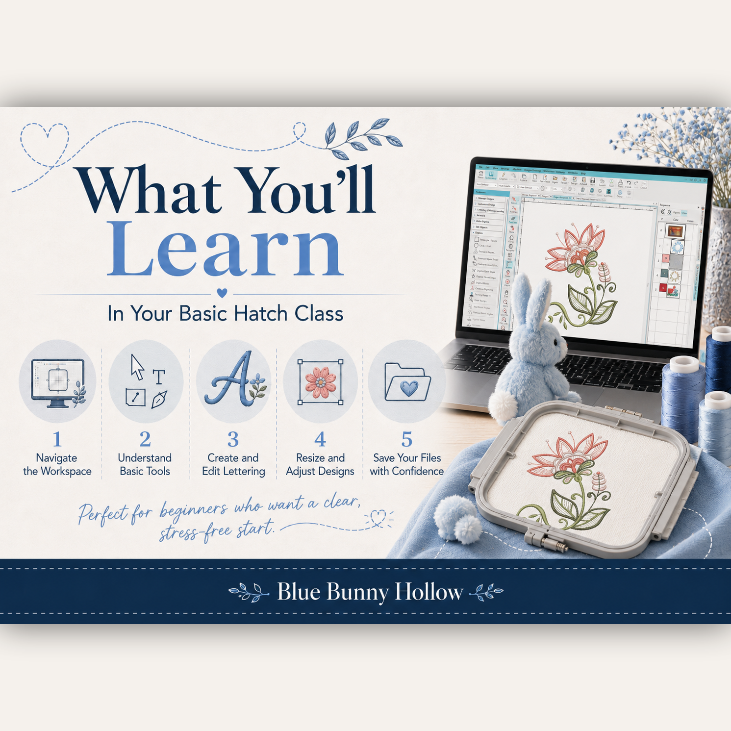 Basic Hatch class, includes workspace navigation, basic tools, lettering, resizing, and saving embroidery files.