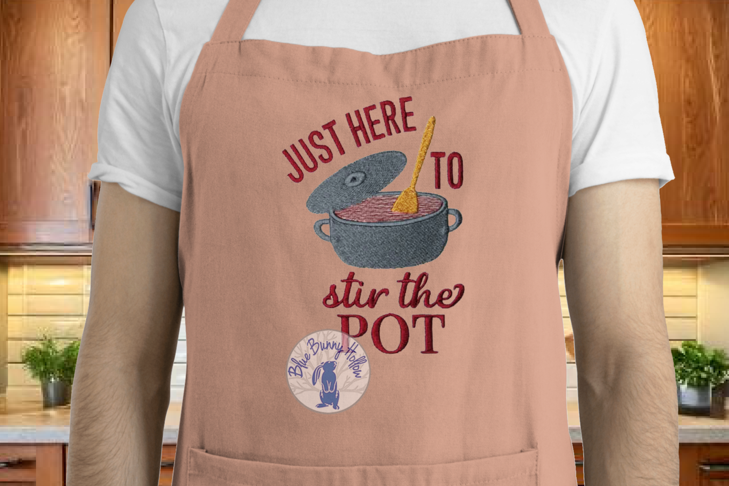 Funny kitchen quote embroidery design with spoon and pot.