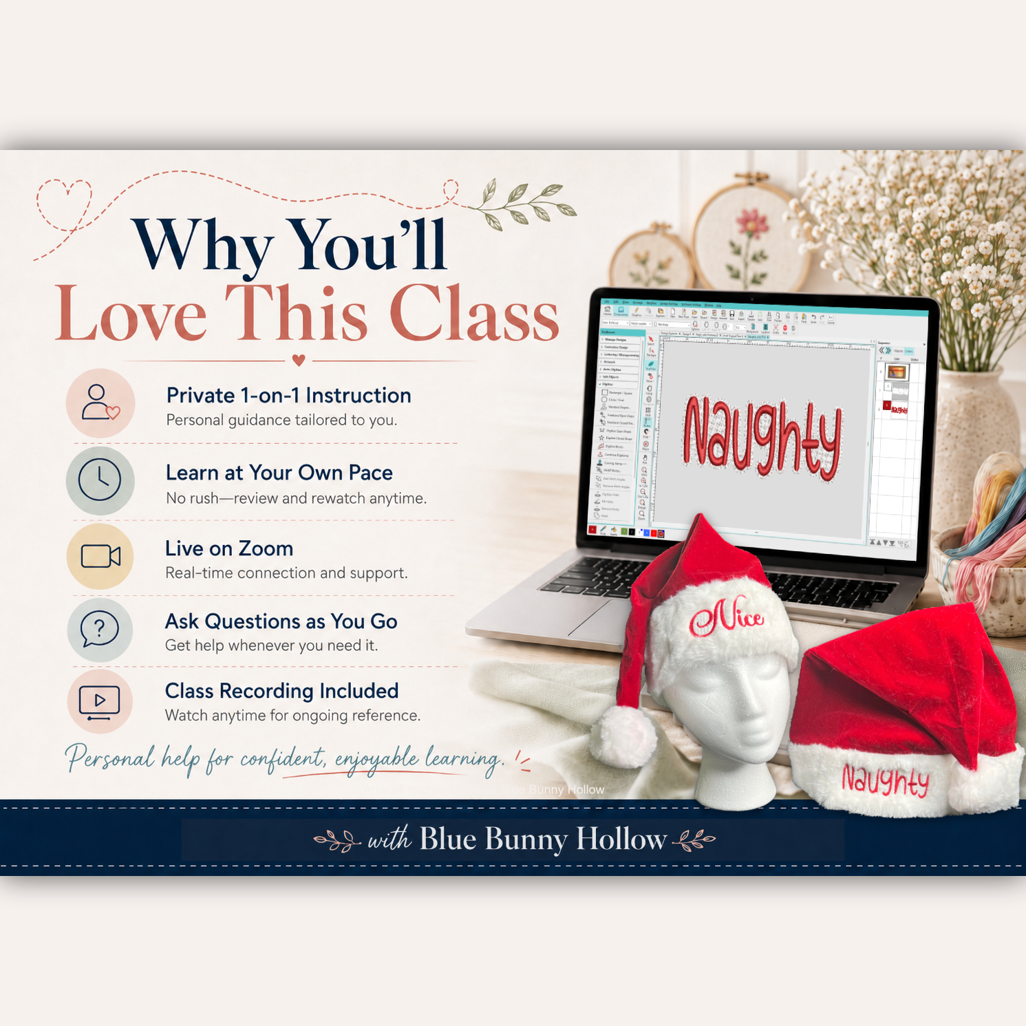 Private Hatch Embroidery Software class over Zoom, personalized instructions, and includes class recording.