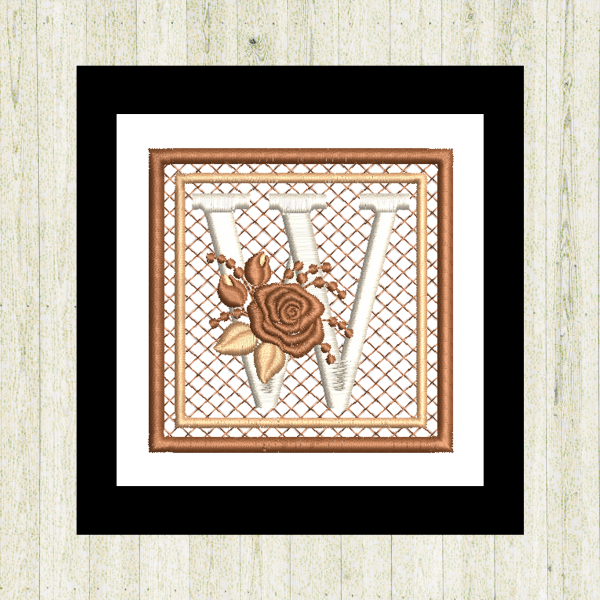 Cream "W", rose-monogram mini quilt machine embroidery design featuring decorative alphabet letters stitched 100% in the hoop for personalized home décor and gift giving.