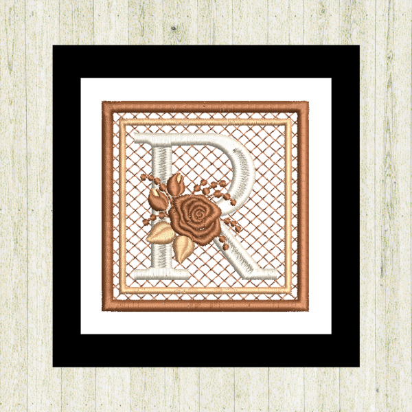 Cream "R", rose-monogram mini quilt machine embroidery design featuring decorative alphabet letters stitched 100% in the hoop for personalized home décor and gift giving.