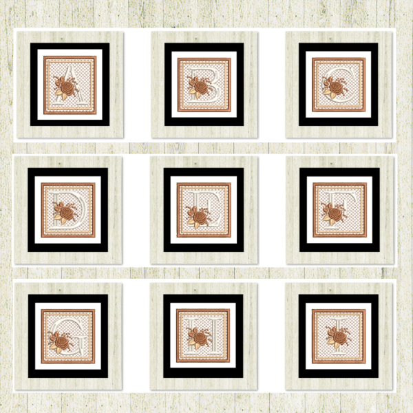 1Cream rose-monogram mini quilt machine embroidery design featuring decorative 26 alphabet letters, A-J, stitched 100% in the hoop for personalized home décor and gift giving.