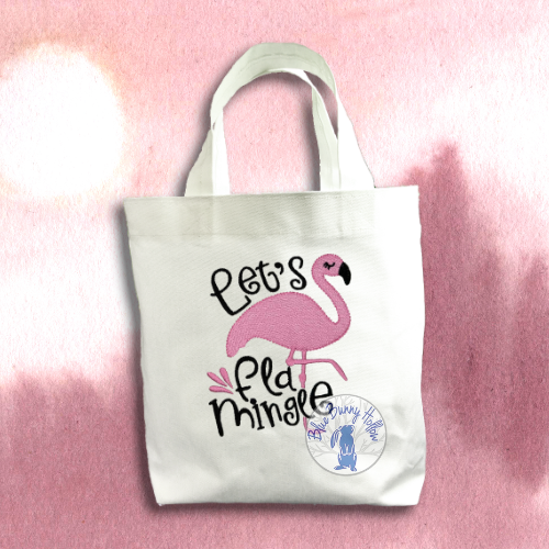 Let’s Flamingle embroidery design with strutting flamingo.