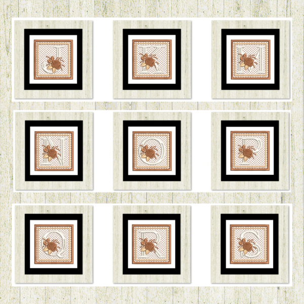 Cream rose-monogram mini quilt machine embroidery design featuring decorative 26 alphabet letters, K-S, stitched 100% in the hoop for personalized home décor and gift giving.