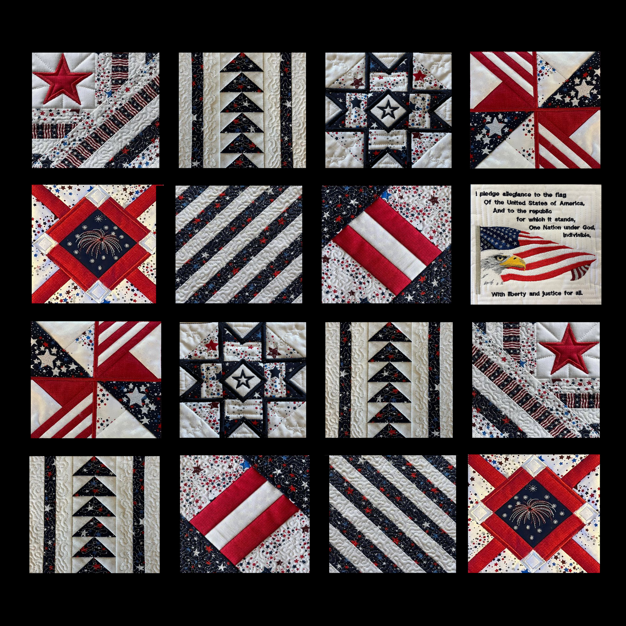 Patriotic quilt with Lucinda's Embroideries red, white and blue In the Hoop quilt blocks