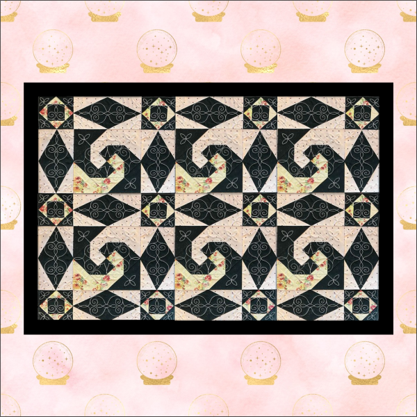 Storm at Sea quilt with Snail Trail centers in black, cream, and floral fabrics, stitched in-the-hoop with precise geometric alignment