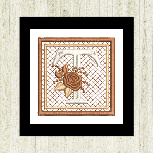 Cream "T", rose-monogram mini quilt machine embroidery design featuring decorative alphabet letters stitched 100% in the hoop for personalized home décor and gift giving.