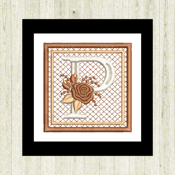Cream "P", rose-monogram mini quilt machine embroidery design featuring decorative alphabet letters stitched 100% in the hoop for personalized home décor and gift giving.