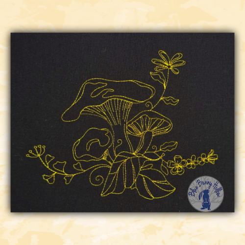 Pixie Shroom redwork-style mushroom embroidery design with delicate woodland vegetation.