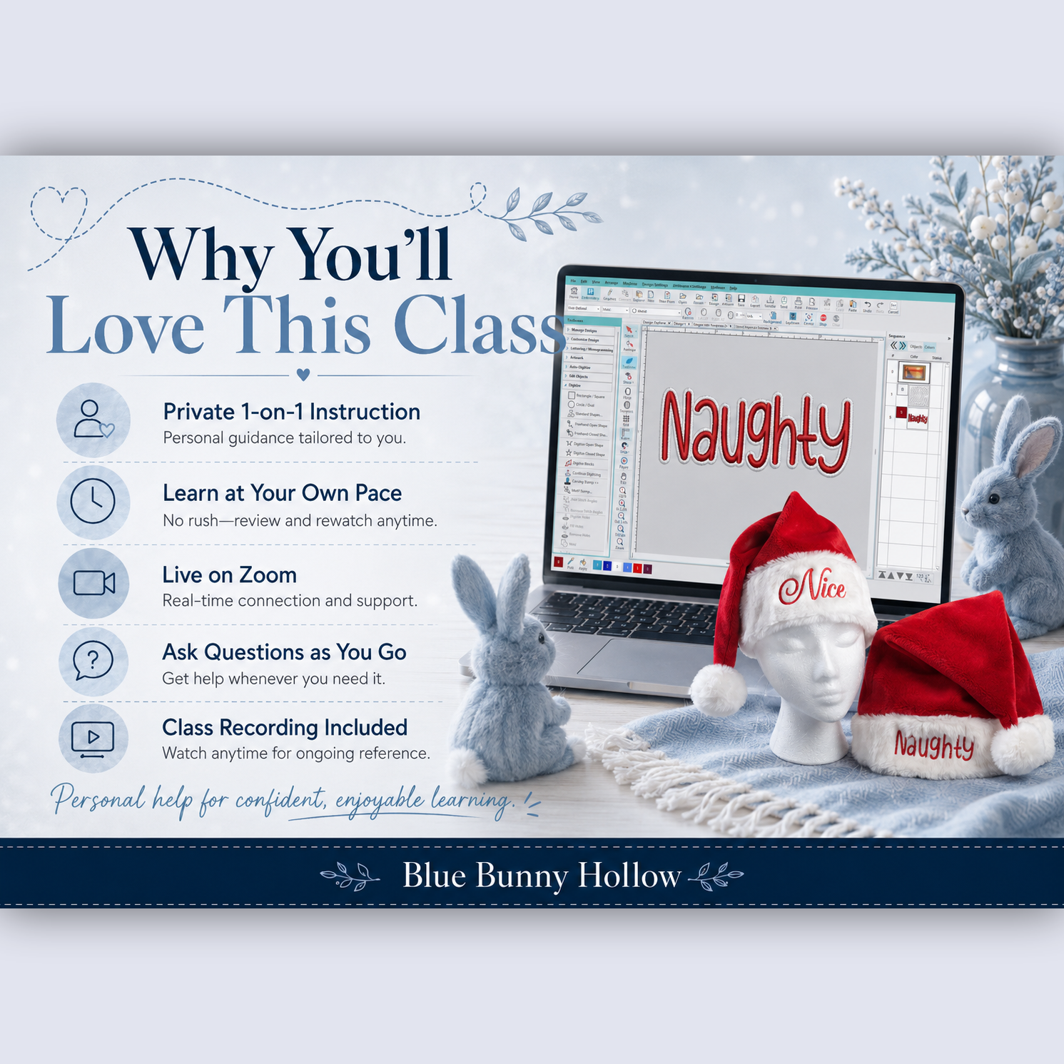 Private Hatch Embroidery Software class over Zoom, personalized instructions, and includes class recording.