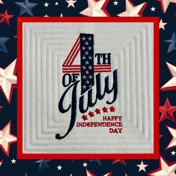 Patriotic 4th of July in-the-hoop quilt block machine embroidery design featuring red white and blue lettering stars and ripple quilting with Happy Independence Day greeting.