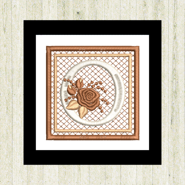 Cream "O", rose-monogram mini quilt machine embroidery design featuring decorative alphabet letters stitched 100% in the hoop for personalized home décor and gift giving.
