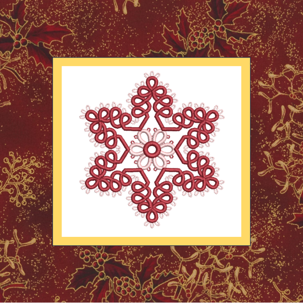 A 4x4 delicate tatted free-standing lace star snowflake ornament, stitched in burgundy and pink thread.
