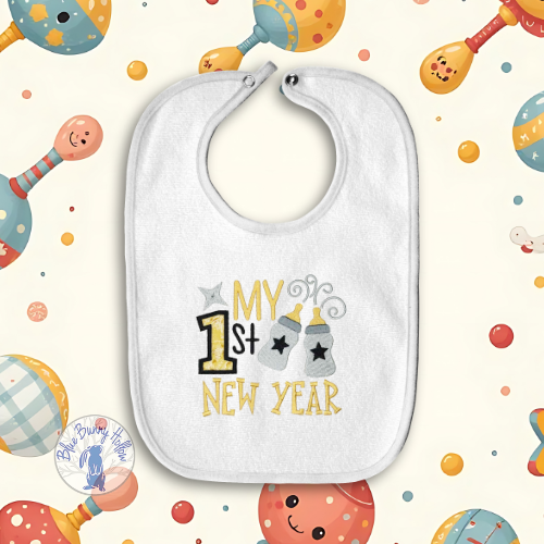 My 1st New Year applique embroidery design with baby bottles and stars.