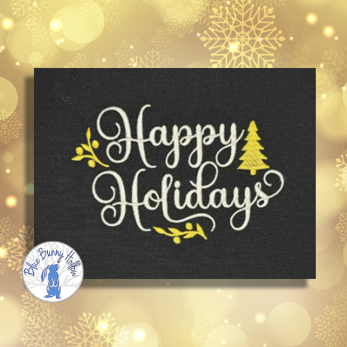 Happy Holidays embroidery with gold Christmas tree.