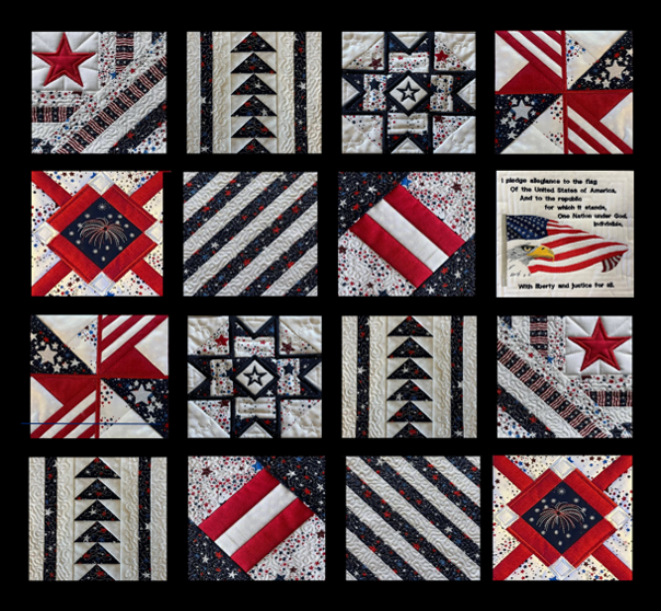 A sample wall hanging including a variety of Lucinda’s Embroideries quilt blocks, stitched in red, white and blue for a patriotic flavor.