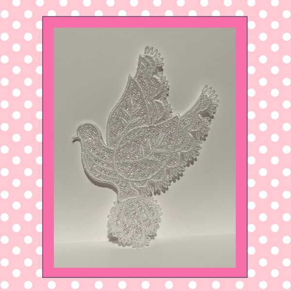 freestanding lace embroidered dove with tatted picot wings and mylar applique background 2