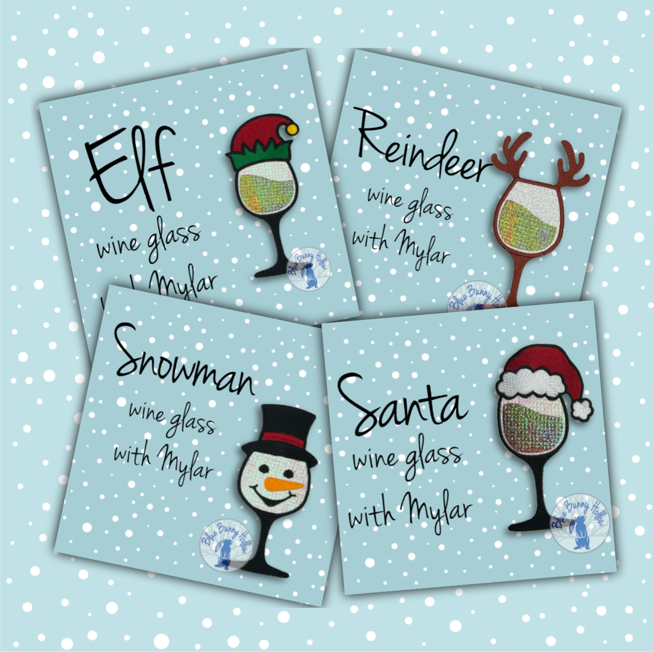 Christmas wine glass embroidery set with Mylar shine – Elf, Santa, Reindeer, Snowman.