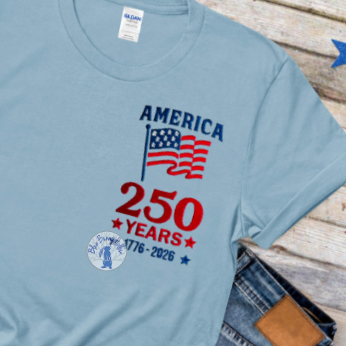 Patriotic flag embroidery design celebrating America 1776 to 2026.