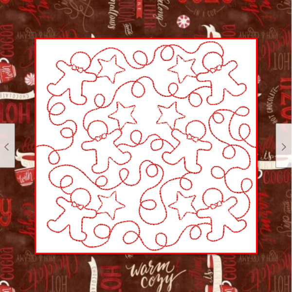 In the Hoop machine embroidery design of dancing gingerbread men quilt block with stars and loops, 8x8 hoop Christmas design