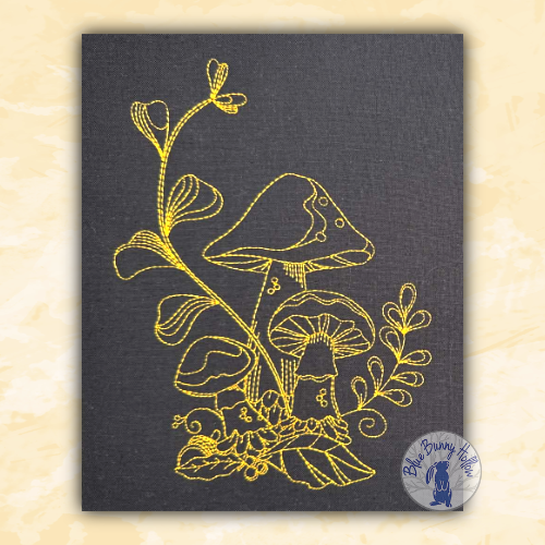 Fairy Parasol Mushroom redwork-style embroidery design surrounded by delicate woodland vegetation.