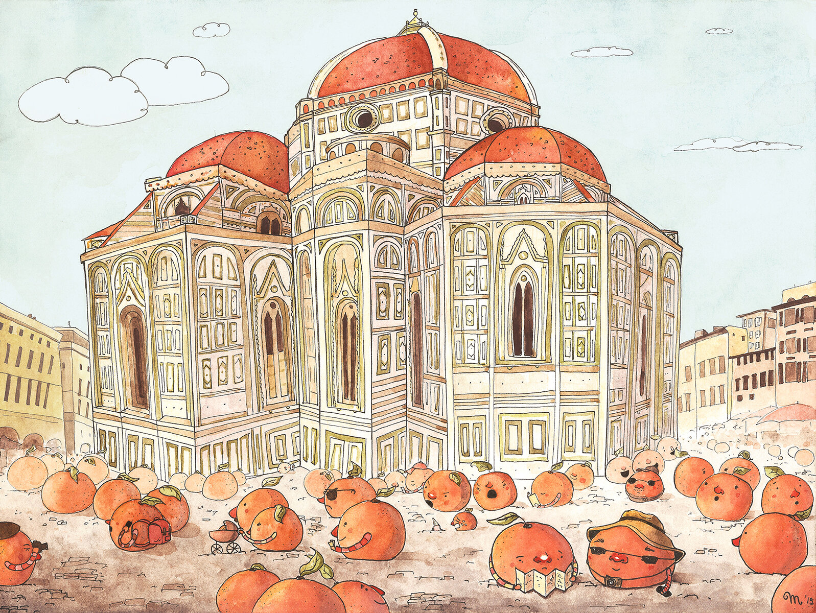 Oranges in front of the Duomo, watercolor