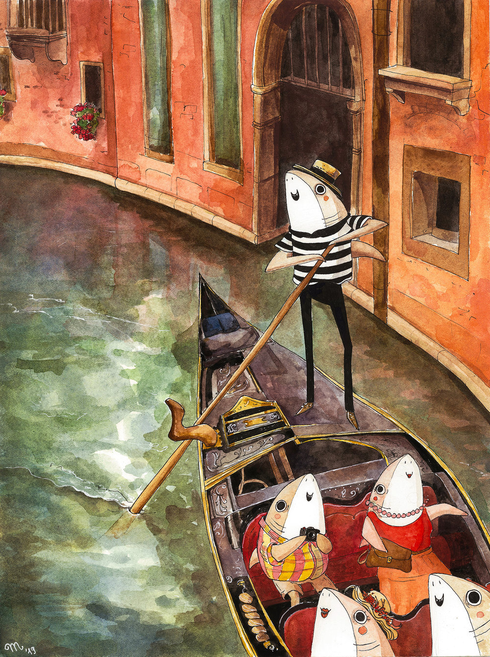 Tourist Sharks in Venice, Watercolor