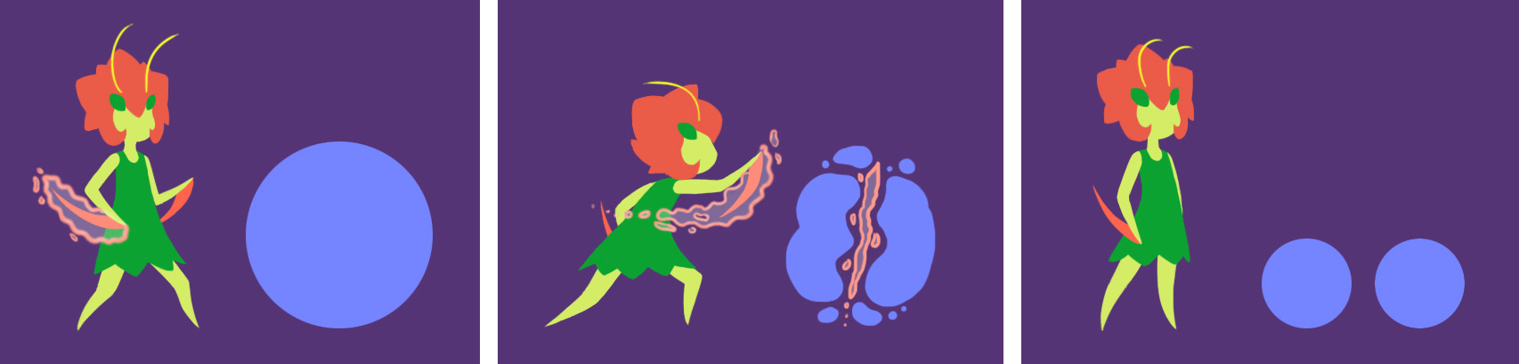 A diagram of Mai’s Cutting Ability. In the game players will encounter large objects which cannot be carried or pushed beyond a boundary. For any large interactive object in the game, Mai’s Cut splits that object into two smaller versions of itself.…