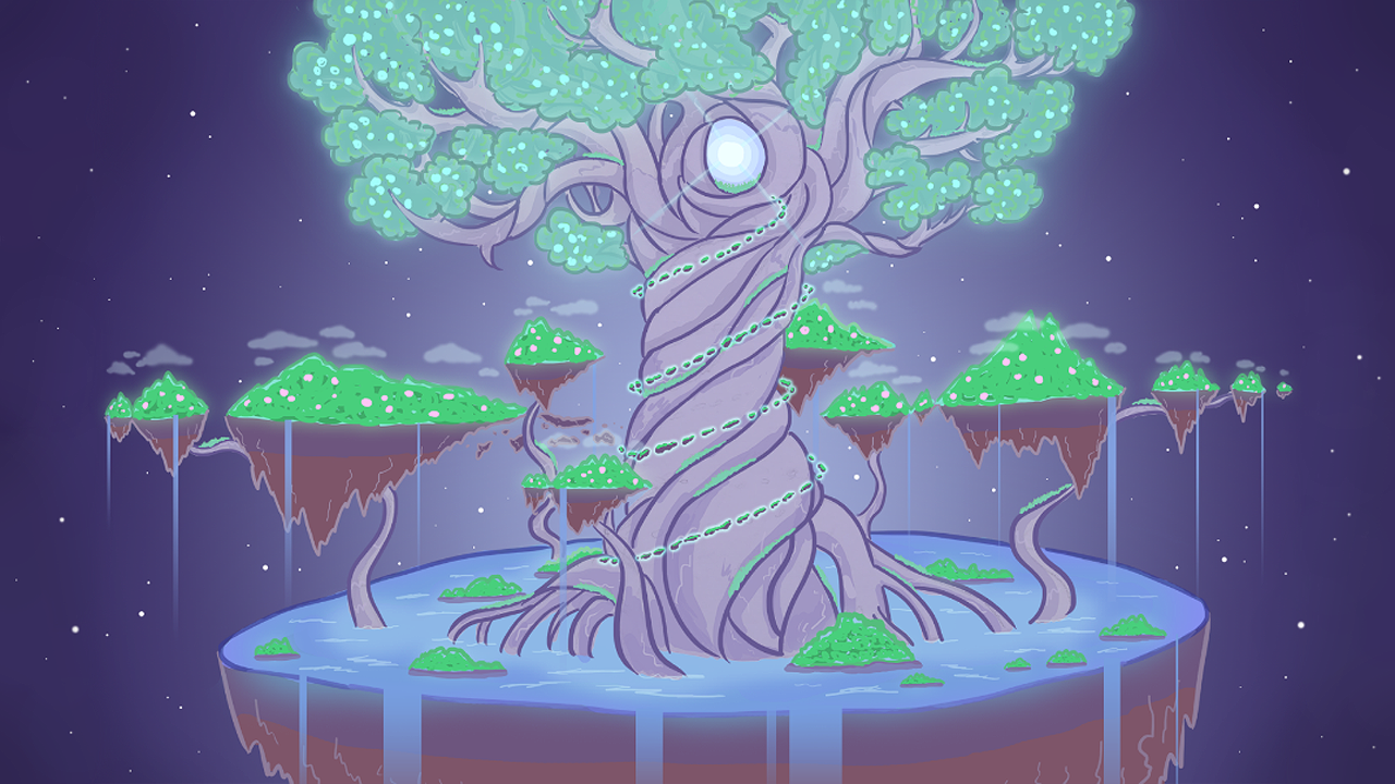 Quick concept art of the water forest world of Inspirit. The small islands wrapping close around the trunk of the Tree of Life are where the game levels take place.