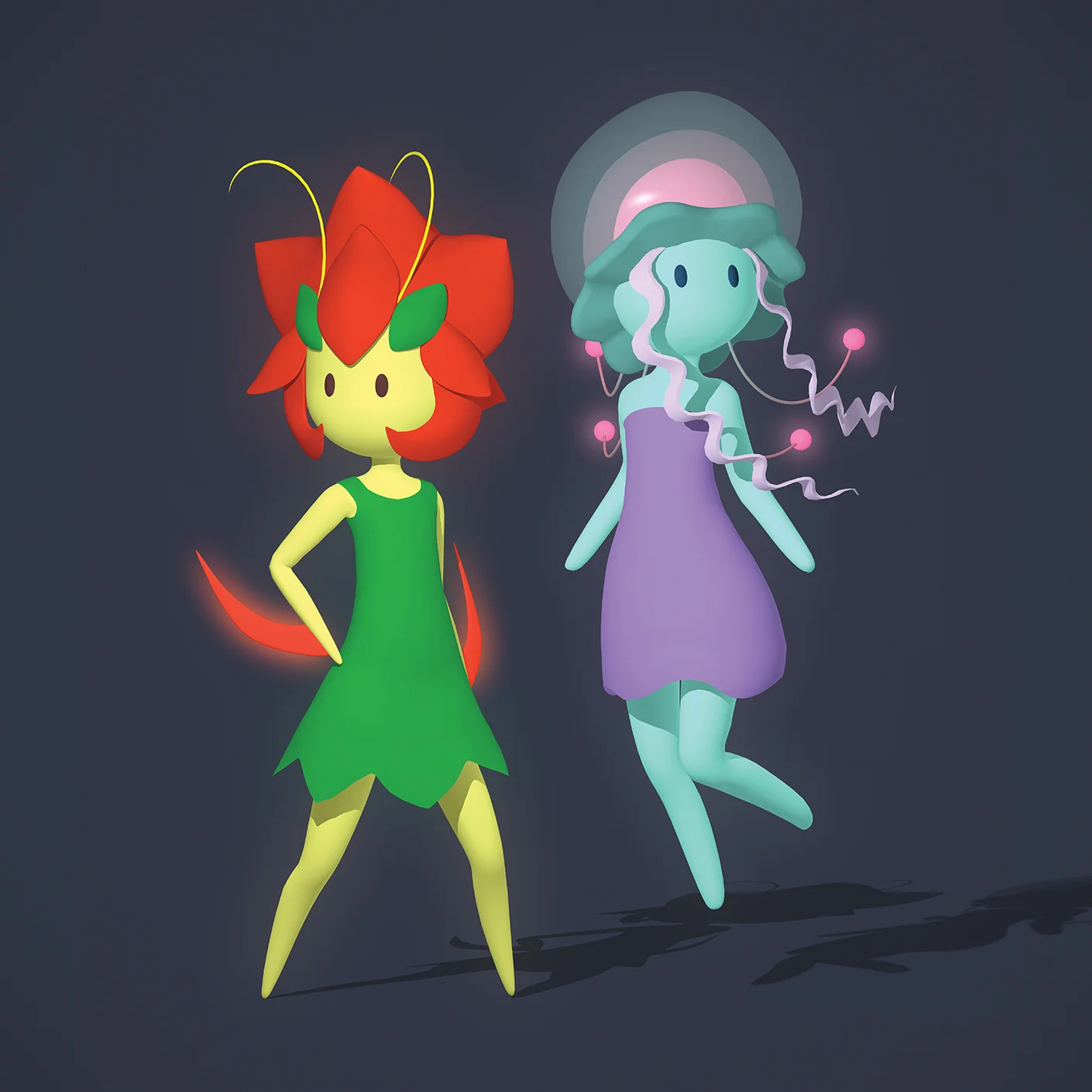 Render of 3D Mai and Kula characters for a banner display.