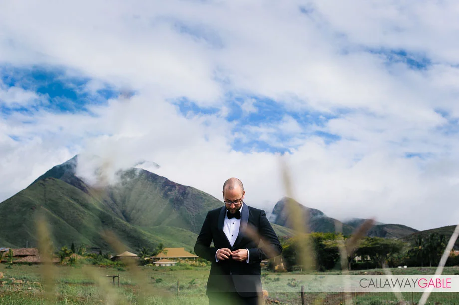 Groom portraits wedding at private estate in Lahaina wedding