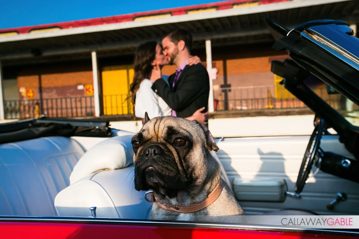 Downtown Los Angeles Engagement Photo with red car and a dog