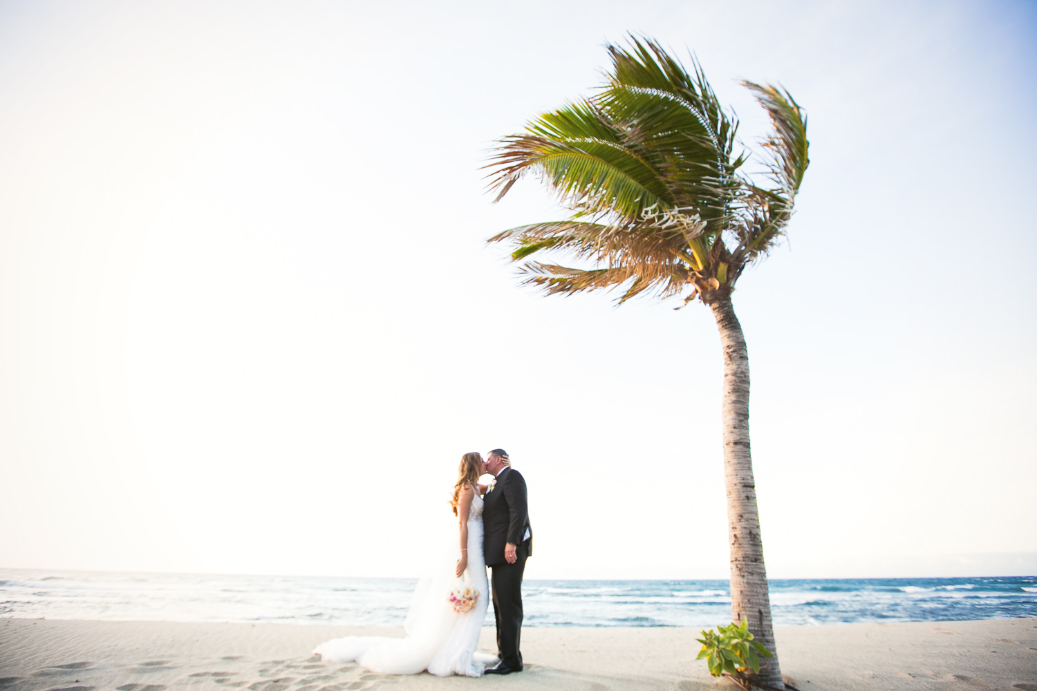 Bride and groom under a palm tree at the Four Seasons Hualalai by Big Island wedding photographer Callaway Gable