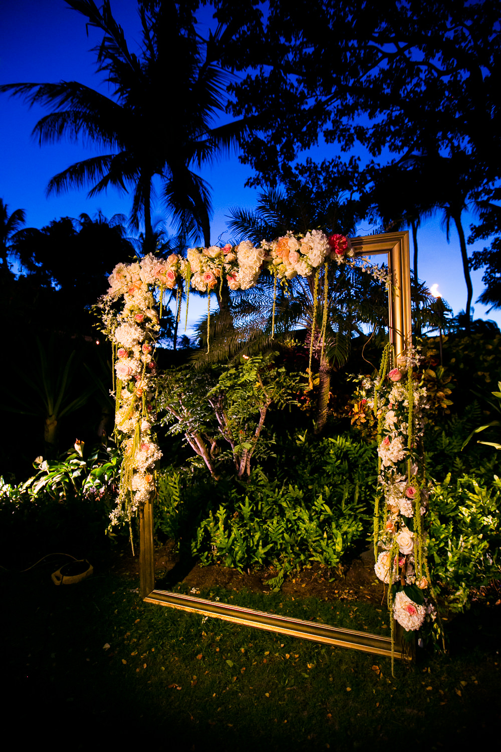 Floral picture frame at Four Seasons Hualalai wedding reception
