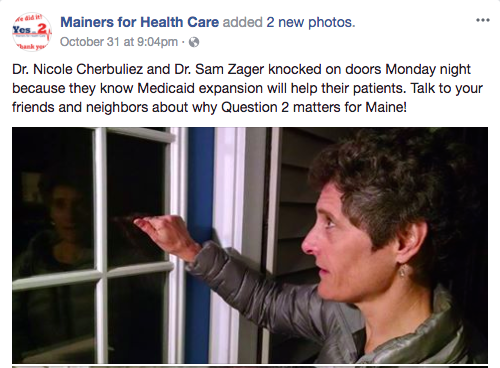 Nicole Cherbuliez knocking on doors to help pass Medicaid expansion Photo credit: Mainers for Health Care